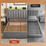 WLIVE Full Size Upholstered Bed Frame with 2 Drawers, Storage Headboard Platform Bed with Charging Station and LED Light, Sturdy Metal & Wooden Slats Support, No Box Spring Needed, Light Grey - Image 7