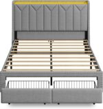 WLIVE Full Size Upholstered Bed Frame with 2 Drawers, Storage Headboard Platform Bed with Charging Station and LED Light, Sturdy Metal & Wooden Slats Support, No Box Spring Needed, Light Grey - Image 8