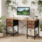 Sweetcrispy Computer Desk with Drawers 55 Inch Home Office Bedroom Table 4 Fabric Drawers 2 Mesh Storage Shelves Wood X-Shaped Writing Study PC Desk Workspace Side Hook Metal Frame Organizer Brown - Image 3