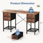 Sweetcrispy Computer Desk with Drawers 55 Inch Home Office Bedroom Table 4 Fabric Drawers 2 Mesh Storage Shelves Wood X-Shaped Writing Study PC Desk Workspace Side Hook Metal Frame Organizer Brown - Image 4