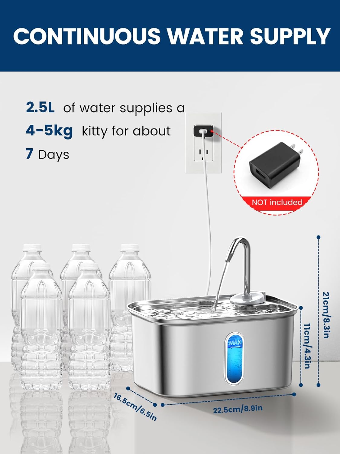 Cat Water Fountain Stainless Steel for Cats Indoor 2.5L 85oz by BPA-Free SUS304, Effective 6-Layer Filter Cat Fountain for Drinking 20dB Ultra Quiet & Soft Flow Metal Pet Water Fountain - Image 5