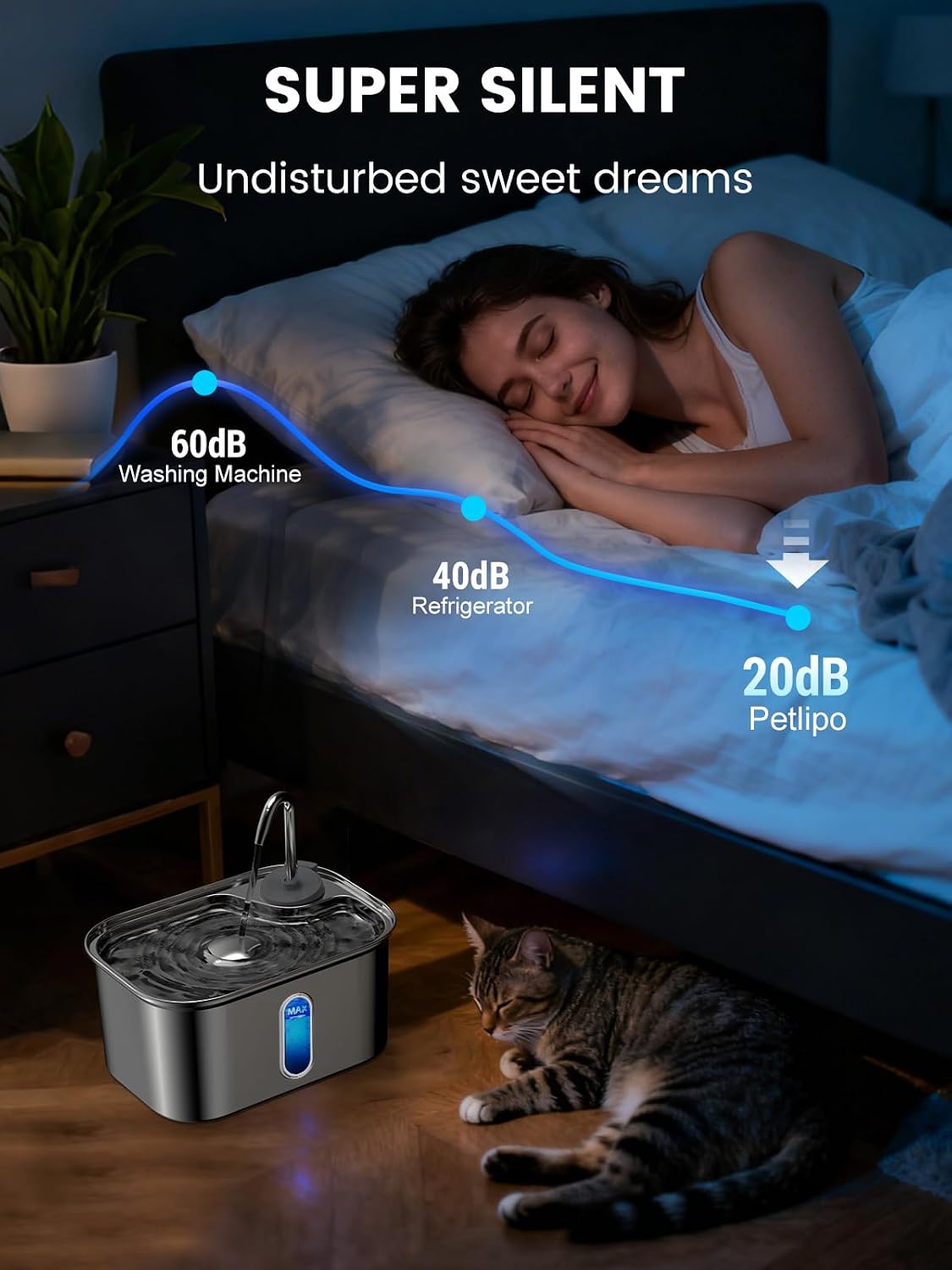 Cat Water Fountain Stainless Steel for Cats Indoor 2.5L 85oz by BPA-Free SUS304, Effective 6-Layer Filter Cat Fountain for Drinking 20dB Ultra Quiet & Soft Flow Metal Pet Water Fountain - Image 7