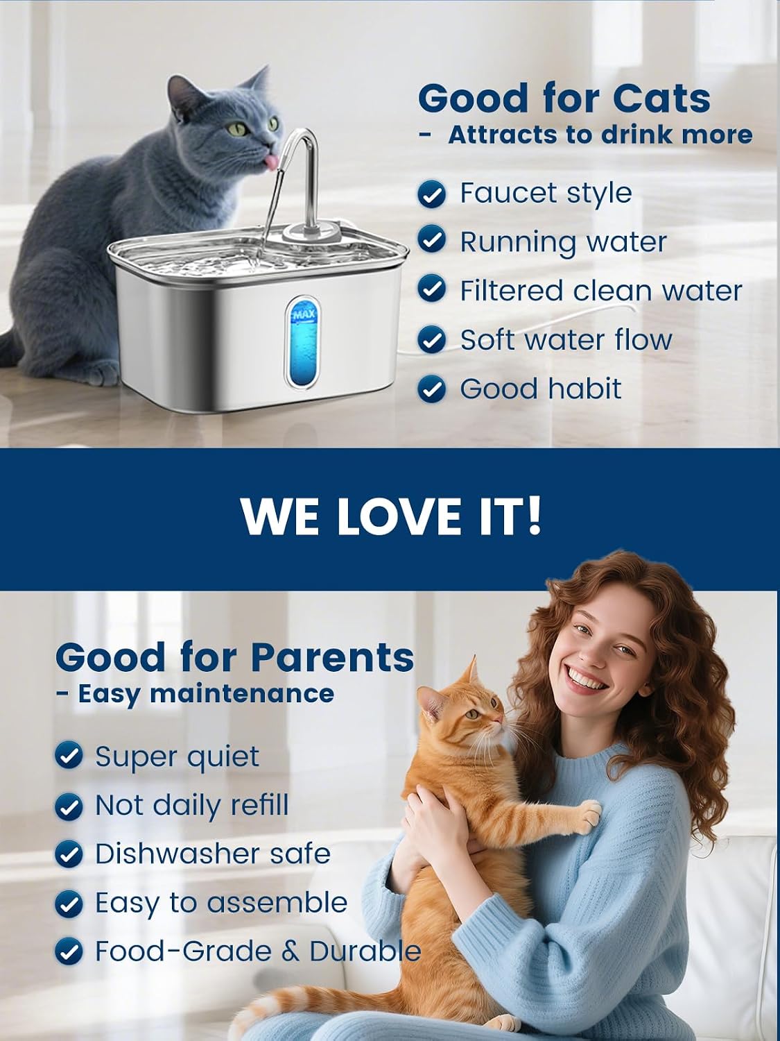 Cat Water Fountain Stainless Steel for Cats Indoor 2.5L 85oz by BPA-Free SUS304, Effective 6-Layer Filter Cat Fountain for Drinking 20dB Ultra Quiet & Soft Flow Metal Pet Water Fountain - Image 9