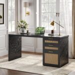 TUQLAB 55” Executive Office Desk with Drawers, Modern Wood Executive Desk with Storage, One-Piece Fluted Computer Writing Desk for Home Office, Study, Living Room, Bedroom, Black Rattan - Image 3