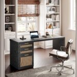 TUQLAB 55” Executive Office Desk with Drawers, Modern Wood Executive Desk with Storage, One-Piece Fluted Computer Writing Desk for Home Office, Study, Living Room, Bedroom, Black Rattan - Image 5