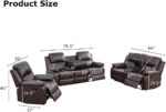 Manual Reclining Couch Sofa Set with Drop-Down Table, 3 Pieces Brown Leather Recliner Couch Sets, Living Room Furniture Sets, Recliner Sofa with Storage Console/Cup Holder for Home/Apartment - Image 3