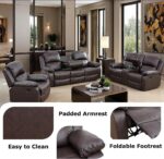 Manual Reclining Couch Sofa Set with Drop-Down Table, 3 Pieces Brown Leather Recliner Couch Sets, Living Room Furniture Sets, Recliner Sofa with Storage Console/Cup Holder for Home/Apartment - Image 4