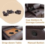 Manual Reclining Couch Sofa Set with Drop-Down Table, 3 Pieces Brown Leather Recliner Couch Sets, Living Room Furniture Sets, Recliner Sofa with Storage Console/Cup Holder for Home/Apartment - Image 5