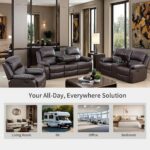 Manual Reclining Couch Sofa Set with Drop-Down Table, 3 Pieces Brown Leather Recliner Couch Sets, Living Room Furniture Sets, Recliner Sofa with Storage Console/Cup Holder for Home/Apartment - Image 7