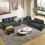 4 Piece Convertible Sectional Sofa Set, Modern Linen Small L Shaped Couch with Reversible Chaise, 3-Seater Sofa & Loveseat & Armchair for Living Room, Office, Apartment, Dark Grey - Image 4