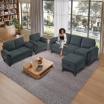 4 Piece Convertible Sectional Sofa Set, Modern Linen Small L Shaped Couch with Reversible Chaise, 3-Seater Sofa & Loveseat & Armchair for Living Room, Office, Apartment, Dark Grey - Image 10