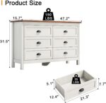 ntique White 6 Drawer Dresser for Bedroom, Farmhouse Wood Chest | Antique white 6 drawer double dresser with vintage handles.Tall rustic wooden chest and storage organizer for bedroom - Image 3
