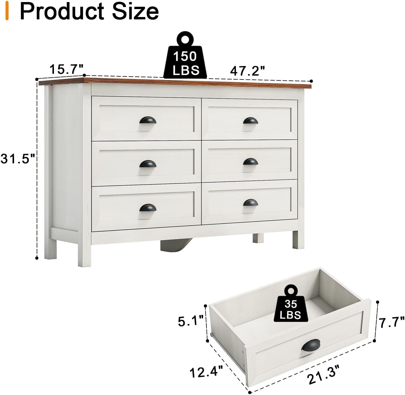 ntique White 6 Drawer Dresser for Bedroom, Farmhouse Wood Chest | Antique white 6 drawer double dresser with vintage handles.Tall rustic wooden chest and storage organizer for bedroom - Image 3
