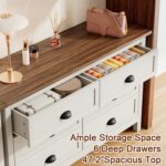 ntique White 6 Drawer Dresser for Bedroom, Farmhouse Wood Chest | Antique white 6 drawer double dresser with vintage handles.Tall rustic wooden chest and storage organizer for bedroom - Image 4
