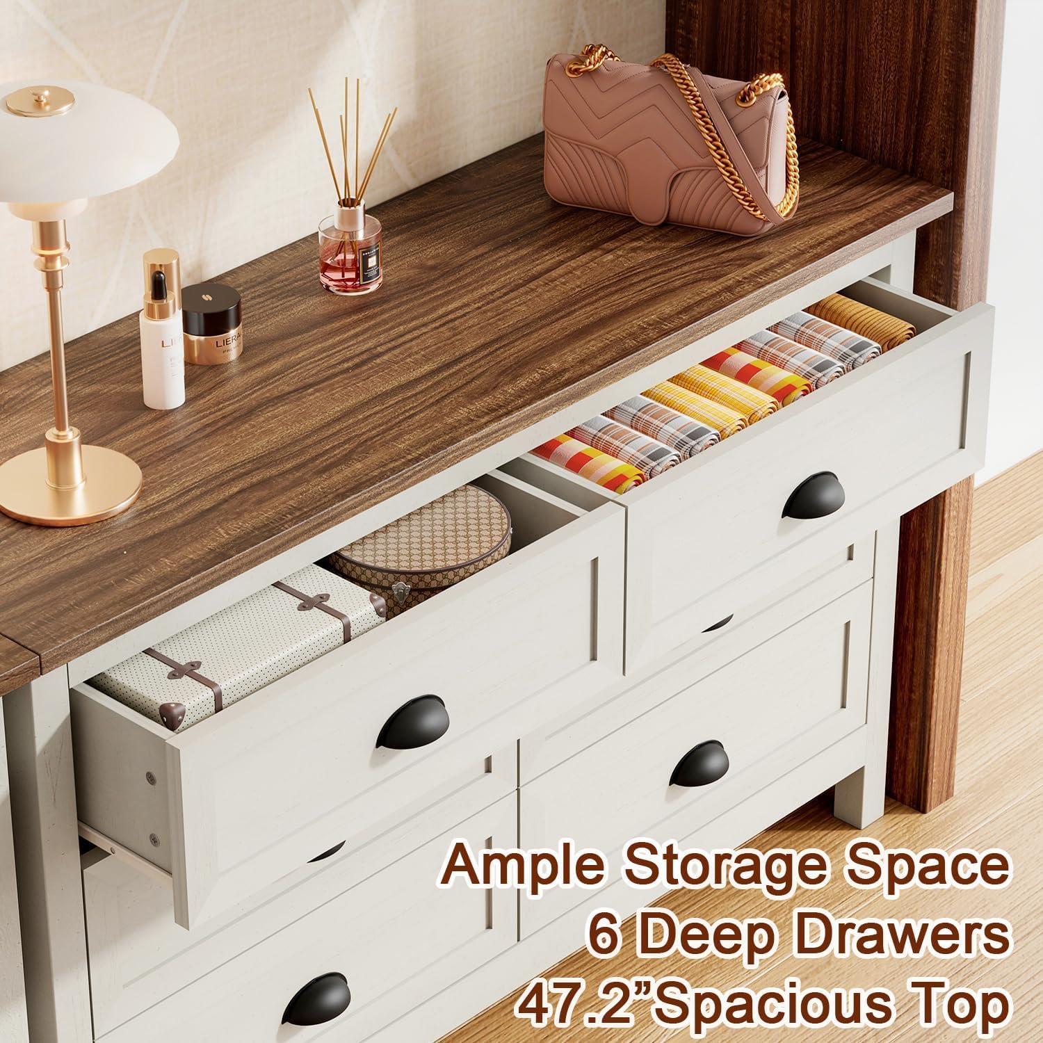 ntique White 6 Drawer Dresser for Bedroom, Farmhouse Wood Chest | Antique white 6 drawer double dresser with vintage handles.Tall rustic wooden chest and storage organizer for bedroom - Image 4