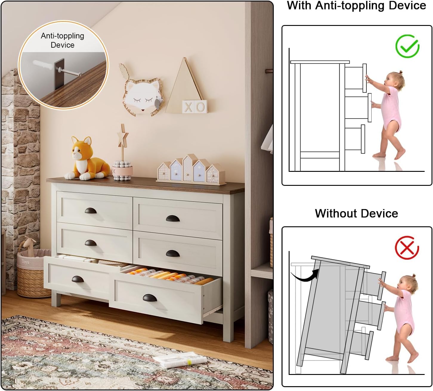ntique White 6 Drawer Dresser for Bedroom, Farmhouse Wood Chest | Antique white 6 drawer double dresser with vintage handles.Tall rustic wooden chest and storage organizer for bedroom - Image 5
