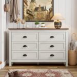 ntique White 6 Drawer Dresser for Bedroom, Farmhouse Wood Chest | Antique white 6 drawer double dresser with vintage handles.Tall rustic wooden chest and storage organizer for bedroom - Image 6