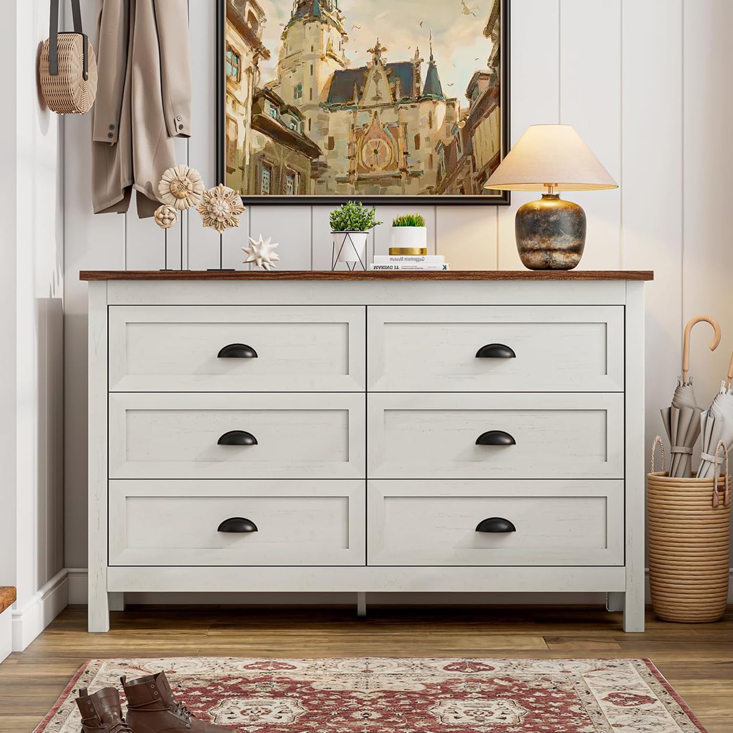 ntique White 6 Drawer Dresser for Bedroom, Farmhouse Wood Chest | Antique white 6 drawer double dresser with vintage handles.Tall rustic wooden chest and storage organizer for bedroom - Image 6
