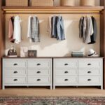 ntique White 6 Drawer Dresser for Bedroom, Farmhouse Wood Chest | Antique white 6 drawer double dresser with vintage handles.Tall rustic wooden chest and storage organizer for bedroom - Image 7