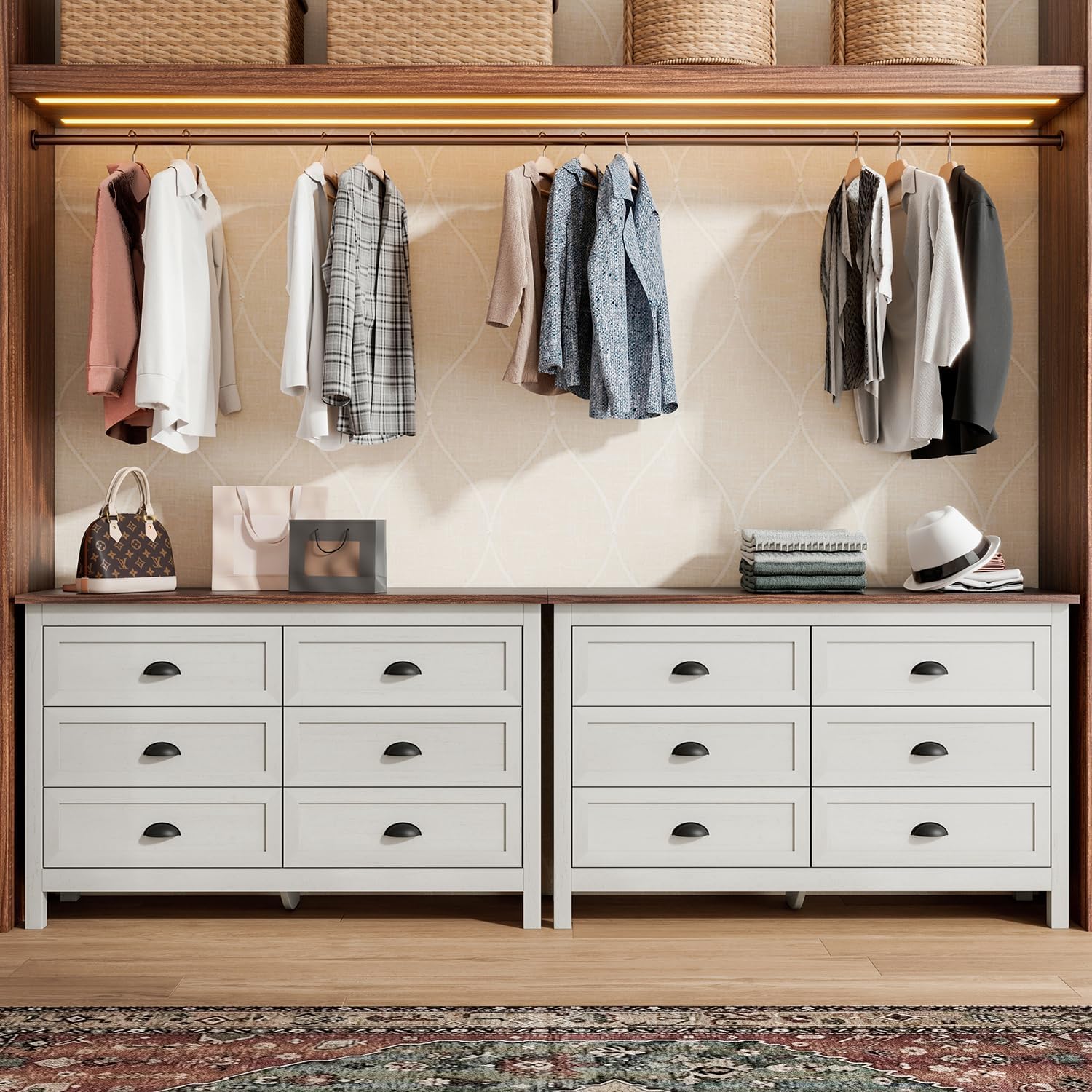 ntique White 6 Drawer Dresser for Bedroom, Farmhouse Wood Chest | Antique white 6 drawer double dresser with vintage handles.Tall rustic wooden chest and storage organizer for bedroom - Image 7