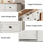 ntique White 6 Drawer Dresser for Bedroom, Farmhouse Wood Chest | Antique white 6 drawer double dresser with vintage handles.Tall rustic wooden chest and storage organizer for bedroom - Image 8