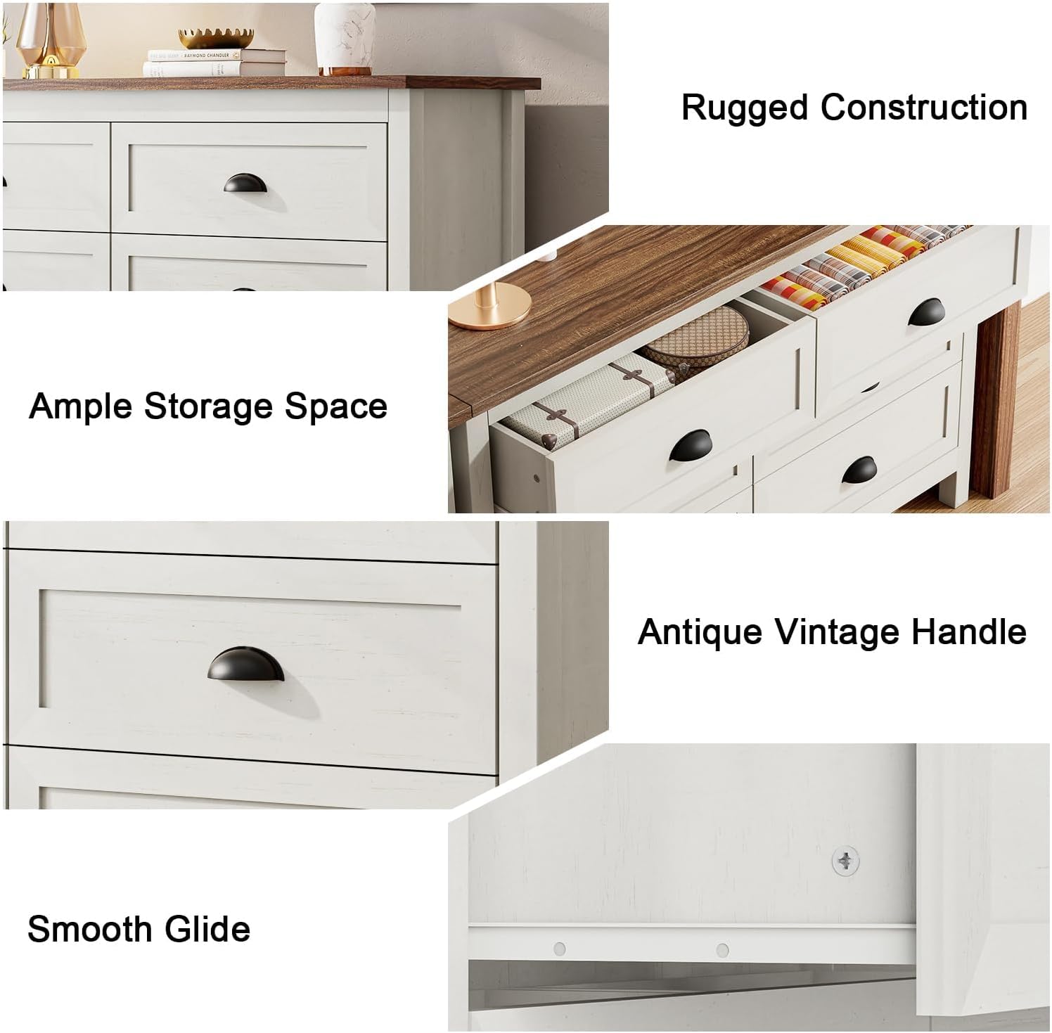 ntique White 6 Drawer Dresser for Bedroom, Farmhouse Wood Chest | Antique white 6 drawer double dresser with vintage handles.Tall rustic wooden chest and storage organizer for bedroom - Image 8