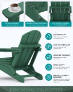 SERWALL Folding Adirondack Chair Set of 2 with Cup Holder, Fire Pit -Green | All Weather Adirondack Chairs Set for Patio Garden, HIPS Plastic Patio Chairs with Wood Texture, SGS Tested - Image 6