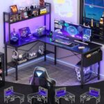Aheaplus L Shaped Desk Gaming Desk, 59" L Shaped Computer Desk with LED Light & Power Outlet, Reversible Home Office Desk Gamer Desks with Shelves & Storage Bag & Hooks, Corner PC Desk, Black - Image 9