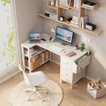 Lufeiya White L Shaped Computer Desk with Drawers & Storage Shelves, 47 Inch Corner Reversible Desk with Power Outlet for Home Office Bedroom, L-Shaped Teen PC Desks with Fabric Drawer, White - Image 3