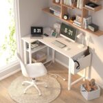 Lufeiya White L Shaped Computer Desk with Power Outlet Shelves, 40 Inch Small Reversible Corner Desk for Small Space Home Office, L-Shaped Desk PC Desks, White - Image 3