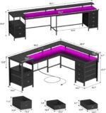 Furologee 66'' L Shaped Gaming Desk with 6 Drawers, LED, Outlets, Black | Reversible Large Corner Computer Desk with Printer Storage Shelves, LED Lights, Monitor Stand for Home Office, Working Study - Image 4