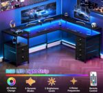 Furologee 66'' L Shaped Gaming Desk with 6 Drawers, LED, Outlets, Black | Reversible Large Corner Computer Desk with Printer Storage Shelves, LED Lights, Monitor Stand for Home Office, Working Study - Image 5