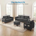 4 Piece Convertible Sectional Sofa Set, Dark Grey | Modern Upholstered, Side Pockets & Storage Ottoman, Linen Couch Sets, Sectional Sofa + Loveseat + Single - Image 9