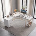 Techni Mobili 59" Two-Tone L‑Shaped Office Desk with Storage Shelves, Gold | 59" two‑tone L‑shaped desk with storage shelves, durable frame, modern corner workstation, spacious home office writing space - Image 3