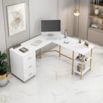 Techni Mobili 59" Two-Tone L‑Shaped Office Desk with Storage Shelves, Gold | 59" two‑tone L‑shaped desk with storage shelves, durable frame, modern corner workstation, spacious home office writing space - Image 8