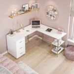 Techni Mobili 59" Two-Tone L‑Shaped Office Desk with Storage Shelves, Gold | 59" two‑tone L‑shaped desk with storage shelves, durable frame, modern corner workstation, spacious home office writing space - Image 9
