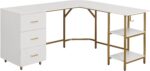 Techni Mobili 59" Two-Tone L‑Shaped Office Desk with Storage Shelves, Gold | 59" two‑tone L‑shaped desk with storage shelves, durable frame, modern corner workstation, spacious home office writing space - Image 10