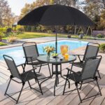 Vongrasig 6 Piece Folding Patio Dining Set,Small Metal Outdoor Garden Patio Table and Chair Set w/Umbrella for Lawn,Deck,Backyard,Black - Image 3