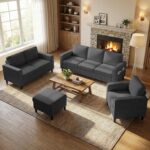 4 Piece Convertible Sectional Sofa Set, Dark Grey | Modern Upholstered, Side Pockets & Storage Ottoman, Linen Couch Sets, Sectional Sofa + Loveseat + Single - Image 2
