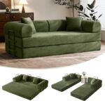 79" Convertible Sofa Bed with Fixed-Shape Frame & Removable Armrests, Modular Corduroy Sleeper Sofa, Folding Mattress Couch for Small Spaces - No Assembly Needed in Green (Includes 2 Pillows) - Image 2