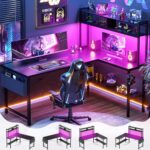 Aheaplus L Shaped Desk Gaming Desk, 59" L Shaped Computer Desk with LED Light & Power Outlet, Reversible Home Office Desk Gamer Desks with Shelves & Storage Bag & Hooks, Corner PC Desk, Black - Image 2