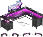 Furologee 66'' L Shaped Gaming Desk with 6 Drawers, LED, Outlets, Black | Reversible Large Corner Computer Desk with Printer Storage Shelves, LED Lights, Monitor Stand for Home Office, Working Study - Image 2