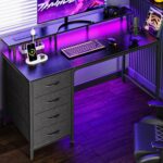 Huuger 47 Inch Computer Desk with Power Outlets and LED Lights, Gaming Desk with 4 Drawers, Office Desk with Monitor Stand, Study Work Home Office, Small Spaces, Black - Image 2