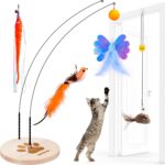 JXFUKAL Interactive cat Toy, Automatic Cat Wand Toy with Stable Wooden Base, 2 PCS Detachable Cat Teaser, 5PCS Refills Replacement & Hanging Elastic String, Kitty Kitten Toys Feather Spring Bird Toy - Image 2
