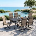 MIXPATIO 7 Pieces Patio Dining Set, Outdoor Table and Chairs, 6 x Textilene Swivel Dining Chairs and 60" Rectangle Black Table, for Cozy Garden Settings, Grey-Brown - Image 2