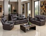 Manual Reclining Couch Sofa Set with Drop-Down Table, 3 Pieces Brown Leather Recliner Couch Sets, Living Room Furniture Sets, Recliner Sofa with Storage Console/Cup Holder for Home/Apartment - Image 2