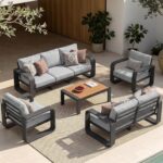 Oversized Aluminum Outdoor Furniture Set, Extra Large Patio Furniture Sofa Set 4.8” Widened Armrest & Ultra-Thick Cushions, 5 Pcs Modern Patio Sectional for Backyard, Porch, Gray - Image 2