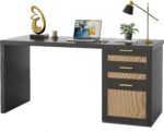 TUQLAB 55” Executive Office Desk with Drawers, Modern Wood Executive Desk with Storage, One-Piece Fluted Computer Writing Desk for Home Office, Study, Living Room, Bedroom, Black Rattan - Image 2
