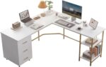 Techni Mobili 59" Two-Tone L‑Shaped Office Desk with Storage Shelves, Gold | 59" two‑tone L‑shaped desk with storage shelves, durable frame, modern corner workstation, spacious home office writing space - Image 2