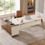 Tribesigns 78.7-Inch Executive Desk, L-Shaped Desk with 55-Inch Cabinet, Large Office Desk with Storage Shelves, Modern Computer Desk for Home Office, White & Walnut - Image 2